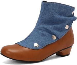 Женские ботильоны с круглым носком в ретро стиле с комфортным западным блок-каблуком, кожаные зимние ботинки для платья с боковой молнией Generic, Yellow