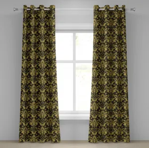 Шторы на люверсах из дамасской ткани ABAKUHAUS, мотив античной викторианской листвы - винтажный королевский дизайн с элементами рококо, декоративные двухпанельные шторы, 280 см x 225 см, цвет: черный, земляной, желтый