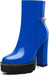 Женские ботильоны с высокой массивной платформой и круглым носком, короткие ботинки на каблуке с цепочкой на щиколотке 4,7 дюйма, обувь для работы, улицы и банкета. CDXJHYMY, Royal Blue Patent