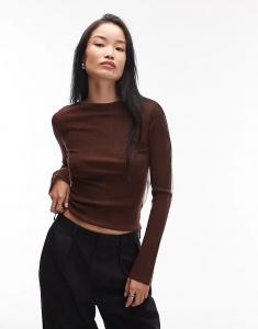 & Other Stories, трикотажный топ из чистой мериносовой шерсти в рубчик с расклешенными рукавами, темно-коричневого цвета