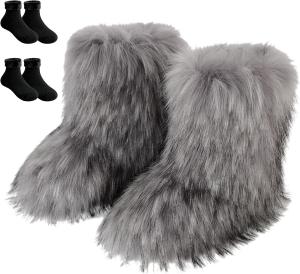 Женские короткие зимние сапоги с искусственным мехом, пушистые и мягкие, удобные, средние по голенище, на плоской подошве, модные, для свиданий, прогулок, фото и путешествий. В комплекте 2 пары носков с флисовой подкладкой. Generic, 3
