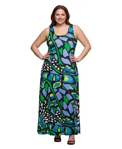 Платье макси без рукавов с принтом размера плюс и круглым вырезом А-силуэта 24seven Comfort Apparel, зеленый