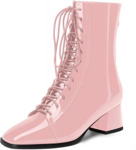 Женские ботинки WAYDERNS с квадратным носком, на шнуровке, с массивным невысоким каблуком 2 дюйма, лакированные, для походов и путешествий, с высоким голенищем, Pink