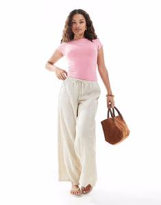 Широкие брюки Stradivarius Petite из льна в полоску цвета экрю