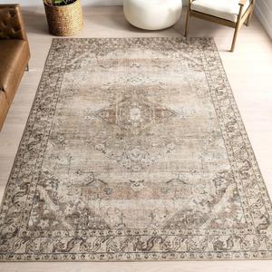 Ковер nuLOOM, 201 x 275 см, Hillstone Collection, традиционный винтажный потертый медальон, толстый и мягкий, прочный низкий ворс без линьки из смеси полиэстера и джута, для гостиной, спальни, Ahmeira Beige