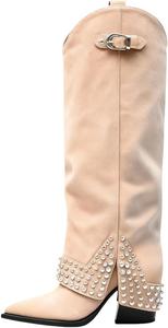 Женские сапоги с острым носком, массивным каблуком и шипами QZTSJS, Pink