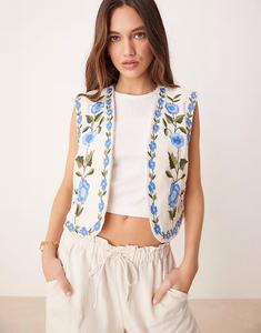 Открытый жилет YAS Festival в стиле бохо с цветочной вышивкой кремового и синего цветов