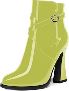 Женские блестящие модные ботильоны с ремешком на щиколотке, лакированные, с круглым носком, на устойчивом высоком каблуке 4 дюйма MOVINSTEPS, Yellow Green