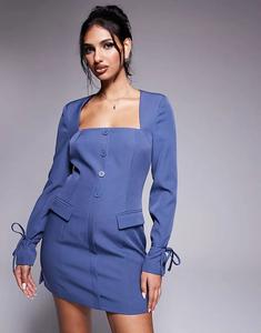 Эксклюзивное мини-платье-блейзер с квадратным вырезом и манжетами-бантом стального синего цвета Kaiia