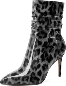 Женские скошенные ботильоны Mettesally с высоким каблуком, заостренным носком, модные стильные с боковой молнией, каблук 3,5 дюйма, ботинки средней высоты, Patent Leopard White