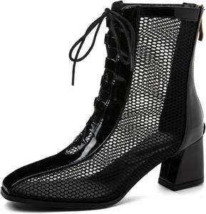 Женские сандалии-ботильоны Alyaafifa с каблуком 2 дюйма, удобным массивным блочным каблуком, закрытым квадратным носком, кожаной отделкой и задней молнией, нарядные летние туфли для вечеринки, мероприятия, выпускного или свидания, Black - A