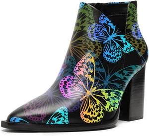 Женские классические ботильоны YDN с закрытым носком, заостренные, на средних массивных каблуках, с боковой молнией, удобные для повседневной носки, размеры US 4-16, Colorful Butterfly