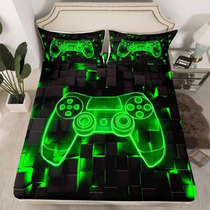 Erosebridal Игровой комплект постельного белья с неоновыми квадратами в зеленом и черном цветах, Green Black