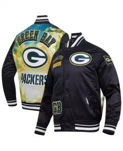 Мужская черная куртка Green Bay Packers с полной застежкой на молнии, сатиновая, с сублимационной печатью Pro Standard