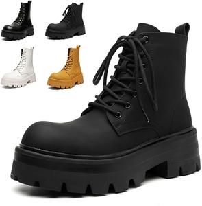 Сапоги на щиколотку для женщин и мужчин, круглый носок, готические боевые сапоги, платформенные с массивным каблуком, высокие мотосапоги на щиколотку с шнуровкой и молнией Generic, Matte Black Us Women 8.5