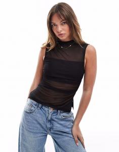 Топ из прозрачной сетки ASOS DESIGN черного цвета с присборенной шеей и сборками по бокам