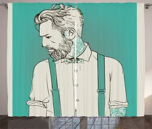 Шторы ABAKUHAUS Hipster Rustic, с изображением молодого человека и татуировок, универсальные ленточные шторы для гостиной с петлями и крючками, 280 x 225 см, цвет кокоса и морской волны Abakuhaus