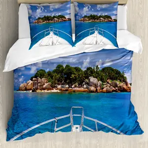 Пододеяльник ABAKUHAUS "Парусник", экзотический, тропический, для путешествий на яхте, с защитой от клещей, подходит для аллергиков с наволочками, 155 см x 220 см - 80 x 80 см, синий, зеленый, цвет слоновой кости Abakuhaus