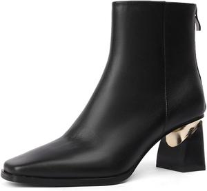 Женские ботильоны TinaCus с квадратным носком из натуральной кожи с ручной отделкой, средней устойчивой высокой подошвой и молнией сзади, Black