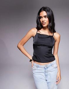 Brave Soul атласный облегающий топ на бретельках с бантом черного цвета