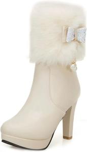 Женские модные ботильоны на платформе с высоким каблуком, с круглым носком, молнией и бантом, элегантные короткие ботинки JOEUSTY, Beige-Velvet Lined