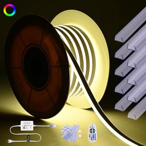 50-футовая (15 метров) неоновая RGB-лента с 2-дюймовым (5,6 см) пластиковым U-образным профилем, 10 шт., приложение и пульт дистанционного управления, переменный ток 110 В, водонепроницаемая, с возможностью обрезки, DEL-D1M50R DELight, цвет natrual