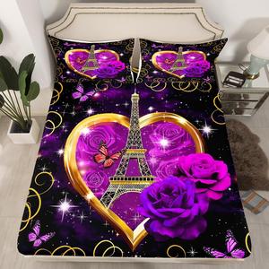 Erosebridal Фиттед простыня Эйфелева башня Пурпурная роза, романтичный Париж, галактические цветы и бабочки, эстетичный декор комнаты, Gold Purple