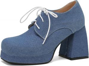 Женские ботильоны Uniquelly на шнуровке, джинсовые, с квадратным носком, на высокой платформе и толстом каблуке, элегантные туфли для платья, Dark Blue