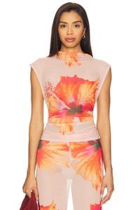 Топ с сеткой и имитацией воротника-гольф Good American, mauve tropical hibiscus001