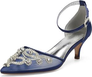 Босоножки на каблуке для женщин, свадебная обувь для женщин, удобные атласные с сеткой, женские туфли на низком каблуке для невесты с заостренным носком и стразами для вечеринок и танцев (Цвет: слоновая кость, Размер: 8 UK) Generic, темно-синий