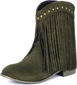 Ковбойские сапоги для женщин, ботильоны с бахромой в западном стиле на низком каблуке, с острым носком, на подъеме, западные ботильоны Generic, Green