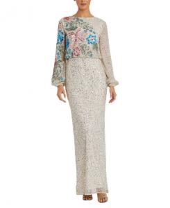 Вышитое платье с высоким воротником и разноцветным цветочным принтом Mac Duggal, коричневый/бежевый