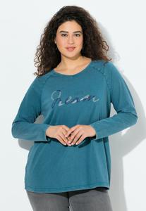 Топ Ulla Popken DREAM RHINESTONE LETTERING LONG SLEEVE, Petrol/Teal