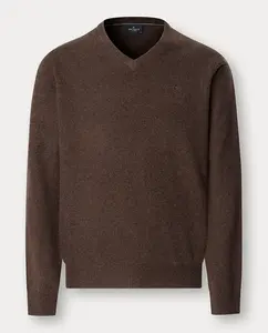 Мужской однотонный джемпер с V-образным вырезом и вышитым логотипом Hackett, коричневый