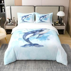 Erosebridal Комплект постельного белья Whale из 100% хлопка с водяными китами и мультяшными океанскими животными в синей цветовой гамме, Dark Blue