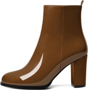 Женские ботильоны Joseywade с объемным каблуком, круглым носком и высоким толстым каблуком, с меховой подкладкой, короткие ботинки с боковой молнией, высота каблука 3,5 дюйма, Patent Brown