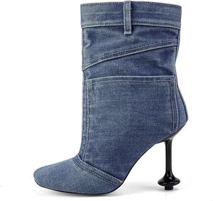 Винтажные джинсовые ботильоны с высоким каблуком-стойкой и карманами в стиле ковбой, для женщин, средней ширины голенища, с круглым носком и металлической пуговицей, модные ботинки Fuazuzu, Blue