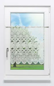 Штора для кафе, кружево Плауэн - цветочное кружево #1W (ШxВ) 73,5 см x 65 см, бежевый Plauener Spitze