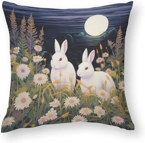 HighonHi Декоративные наволочки сатиновые с принтом кроликов на травяной площадке с цветами, молния Pillow
