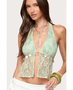 Женский кружевной топ с разрезом спереди и открытой спиной Edikted, Green