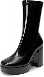 Женские ботинки DREAM PAIRS на средней голени Gogo с платформой, высоким массивным каблуком, квадратным носком и на щиколотке, Black-Pat