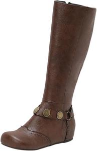 Женские высокие сапоги до колена, слипоны, ездовые сапоги, сапоги с пряжкой, сексуальные с квадратным носом, низкий массивный высокий каблук, высокие мотоциклетные сапоги, низкий каблук 1-2", танцевальные ботильоны для вечеринок Generic, Coffee