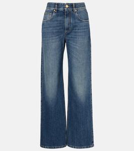 Джинсы Monili с высокой талией и широкими штанинами Brunello Cucinelli, Aged Blue Denim