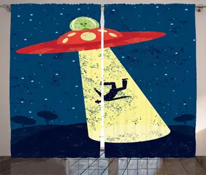 Шторы ABAKUHAUS Cartoon Rustic в деревенском стиле, комната похищения инопланетянами, универсальные ленточные шторы для гостиной с петлями и крючками, 280 x 245 см, сине-желтые Abakuhaus