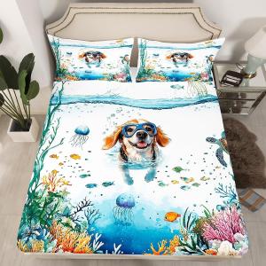 Erosebridal Комплект постельного белья Funny Dog с морскими животными в голубых тонах, Blue White Green Orange Brown