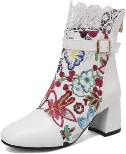 Женские ботильоны MFairy с высоким массивным каблуком, на шнуровке и застежке-молнии, с цветочным принтом, элегантные ботинки, White2