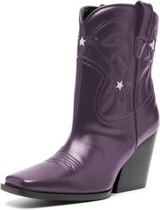 Женские ретро ковбойские ботинки YDN с квадратным носком, звездами, средним высоким устойчивым каблуком, без шнуровки, зимние повседневные ботинки для отпуска, размер 4-16 US, Purple