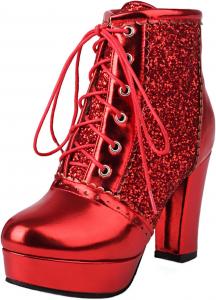 Женская мода: короткие ботильоны Лолита с высокими каблуками 9,5 см, круглый носок, платформа, лаконичные шнурки, многоцветная цветочная печать, для вечеринок, размер US4-US15, модель 998-14-18 LYYSKY, Red(998-18)