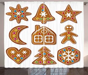 Штора ABAKUHAUS "Пряничный человечек" в деревенском стиле, сахарное печенье, присборенная тесьма для спальни с петлями и крючками, 280 x 245 см, коричневый, многоцветный Abakuhaus