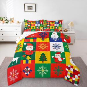Erosebridal Комплект постельного белья Colorful Xmas Comforter Set с новогодним принтом Санта Клаус и сосны, Red Yellow Green